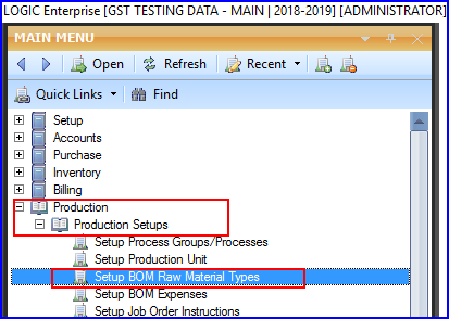 Set BOM Raw Material Types
